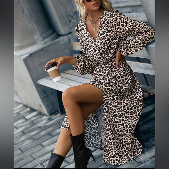 Boho Leopard Print Slit Long Sleeve Maxi Dress - Picture 6 of 6